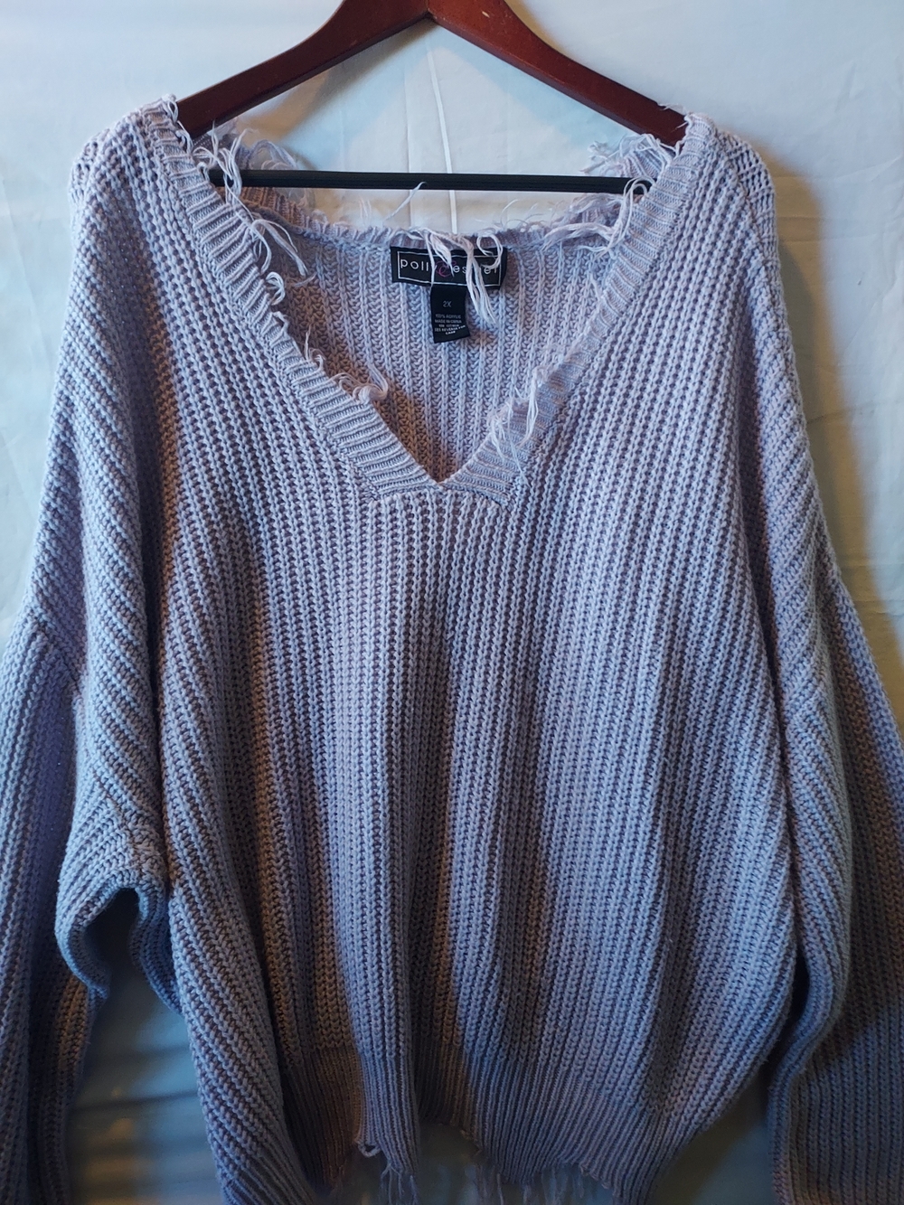 POL Lavender Frayed V-Neck Knit Sweater